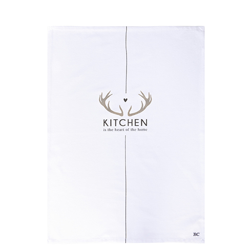 Geschirrtuch mit Geweih "kitchen is the heart of the home" (schwarz/weiß/beige)