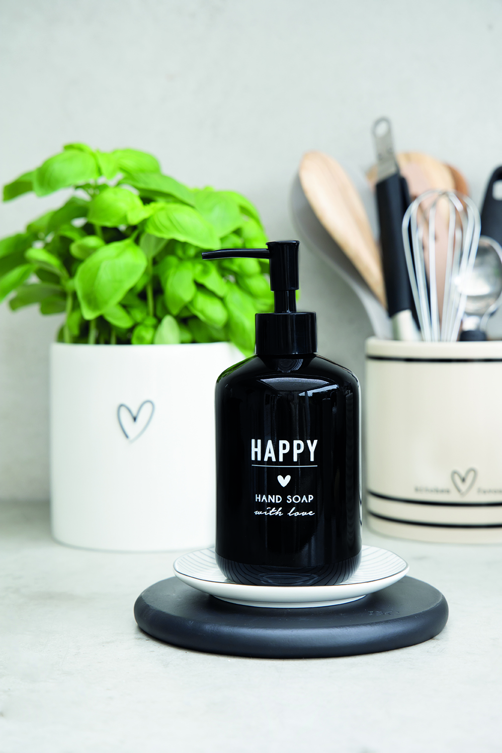 Seifenspender "happy - hand soap" (schwarz/weiß)