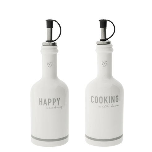 2er Set Flaschen "happy cooking" für Öl, Essig (grau)