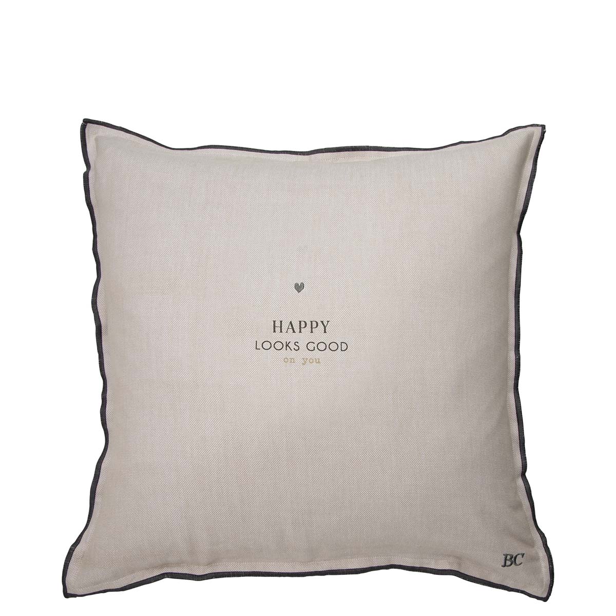Kissenhülle "happy looks good on you" (beige / schwarz) (50 x 50 cm)
